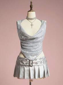 ROMWE EDITION Women's Retro Electronic Music Festival Party Sequin Fabric Hooded Halter Sexy Crop Top - Silver - View 2