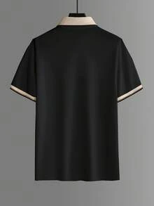 Manfinity Mode Men's Business Casual Ribbed Collar Short Sleeve Polo Shirt - Black - View 2