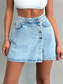 EURMUSE PETITE LIGHT WASH BUTTONS DETAIL SHORT SKIRT - Light Wash - View 4