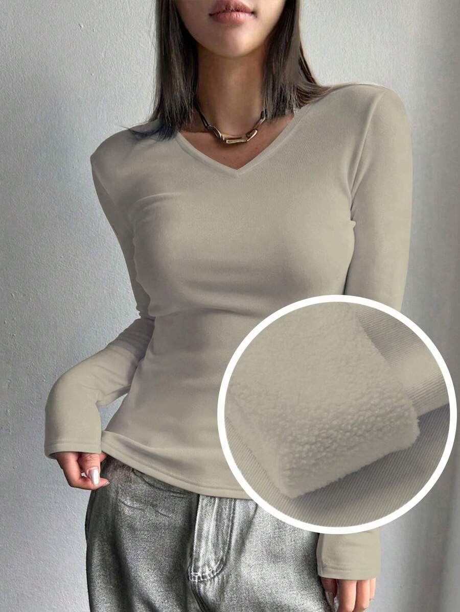 FRIFUL Women's Solid Color V-Neck Long Sleeve Fitted Casual Fleece T-Shirt - Grey - View 1