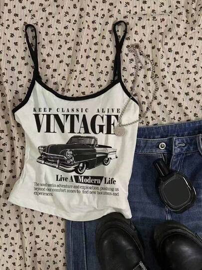 SHEIN Girls Vehicle Printed Casual Camisole Tops, Versatile For Daily Wear, Suitable For All Seasons