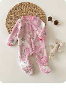 SHEIN 新生女宝宝可爱毛绒卡通图案休闲家居服 - 粉色 - 查看 4