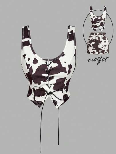 SHEIN MOD Vintage Cow Print Cross Strap Corset Style Fitted Tank Top – 70s Y2K Inspired For Date, Party, Prom, Festival & Birthday Celebrations, Winter For Women, Christmas Women's, New Year,Thanksgiving For Women