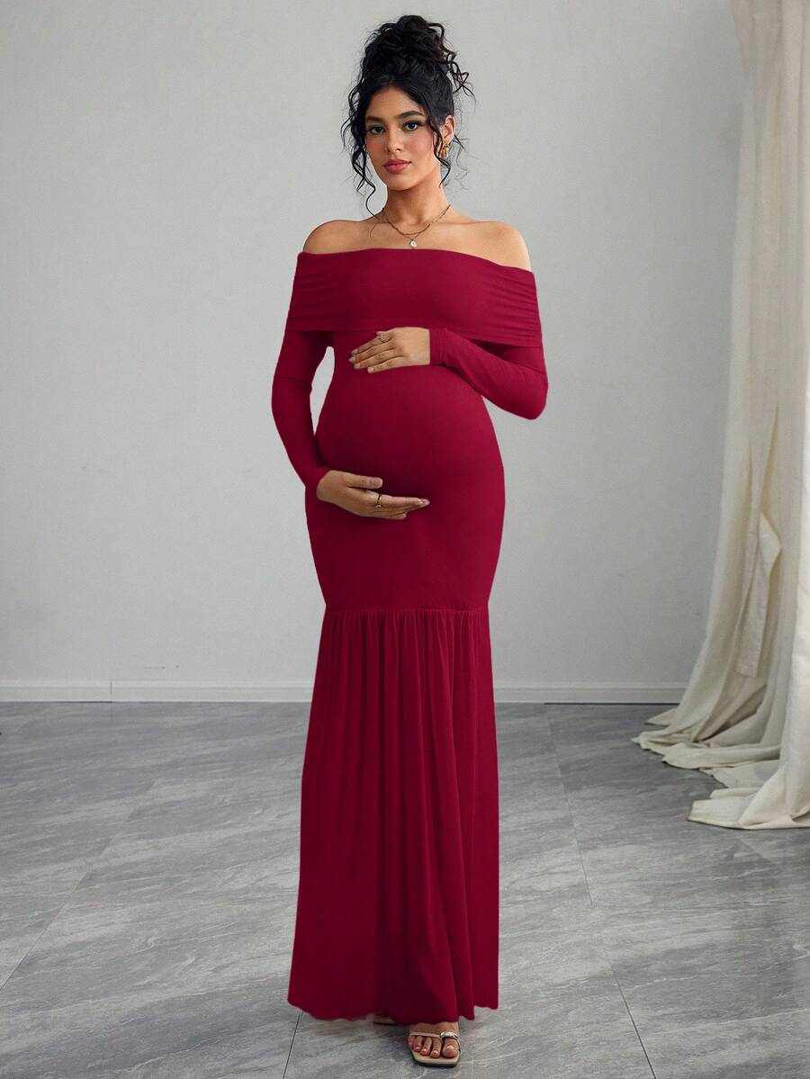SHEIN 孕妇露肩长袖修身连衣裙，高开衩设计，带网纱拼接 - 酒紅色 - 查看 1