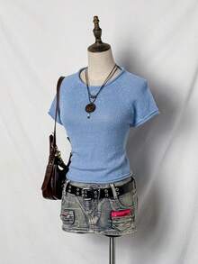 SHEIN PETITE Y2K Five-Pointed Star Pattern Short-Sleeved Sweater, Spring And Summer Ladies Knitted Top - Blue - View 1