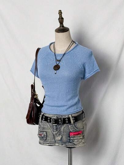 SHEIN PETITE Y2K Five-Pointed Star Pattern Short-Sleeved Sweater, Spring And Summer Ladies Knitted Top