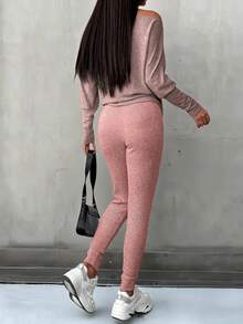 EMERY ROSE Women's Solid Color Batwing Sleeve Top And Pants Casual 2 Pieces Set - Pink - View 2