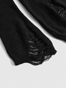 ROMWE Gothic Lace Trim Ripped Design Off-Shoulder Flare Sleeve Fitted A-Line Sweater Dress - Black - View 4