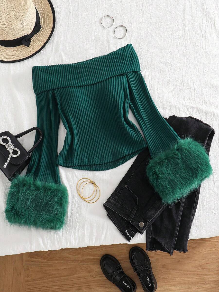 这款专为青春期女孩设计的新款长袖吊带背心上衣，采用露肩设计和蝴蝶结装饰，现已上市。它舒适、时尚、优雅、甜美、可爱、活泼、独特，是女孩们日常穿搭的必备单品。 - 墨綠色 - 查看 1