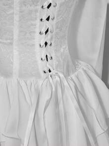 SHEIN ICON 女士露肩长袖花卉提花连衣裙，荷叶边下摆和腰部拼接设计 - 白色 - 查看 9