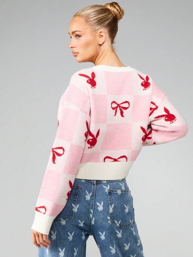 Missguided x Playboy Christmas Oversized Cropped Knit Sweater With Bunny Bow Pattern Long Sleeve Pullover Winter Fall Cozy