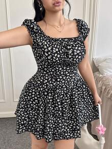 CovetEZ Plus Size Ditsy Floral Casual Romper, Spring/Summer - Multicolor - View 1