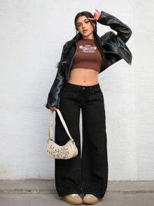 Jeanoix 大码 Y2K 时尚做旧水洗低腰宽松牛仔裤 - 黑色 - 查看 5