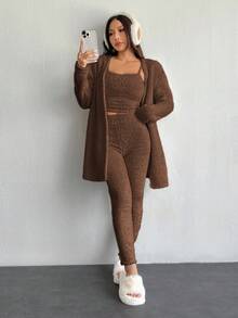 SHEIN PETITE 女士落肩长袖罗纹开衫毛衣背心和裤子套装 - 咖啡棕 - 查看 1