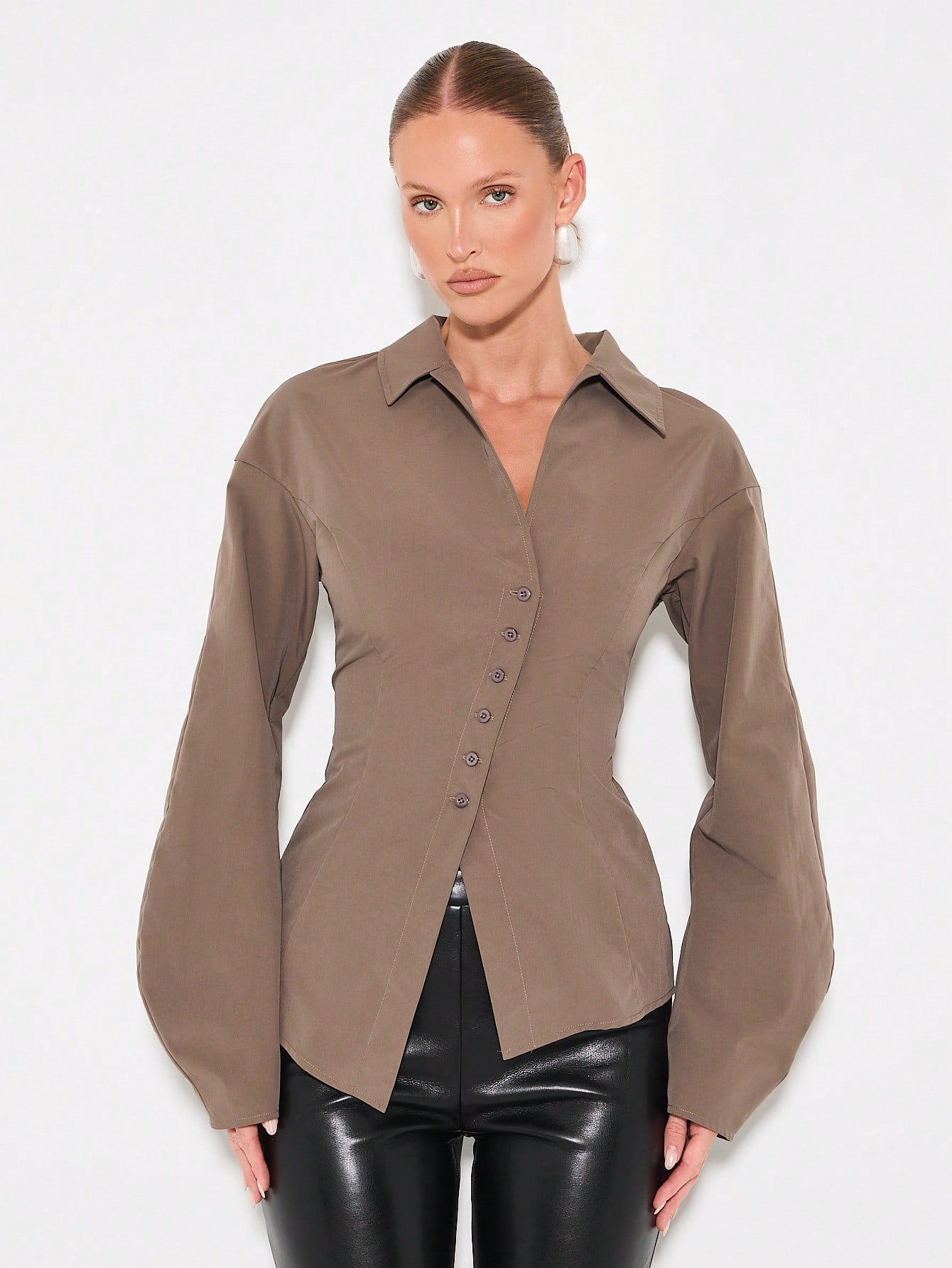 KIZN Poplin Button Down Blouse With Puff Sleeves