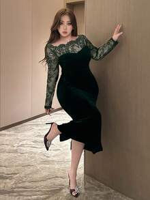 Dazy Plus Plus Size Women's Velvet Contrast Lace Bodycon Party Dress, Sexy & Stretchy For Dates Elegant Women Dresses Prom Dress - Dark Green - View 6