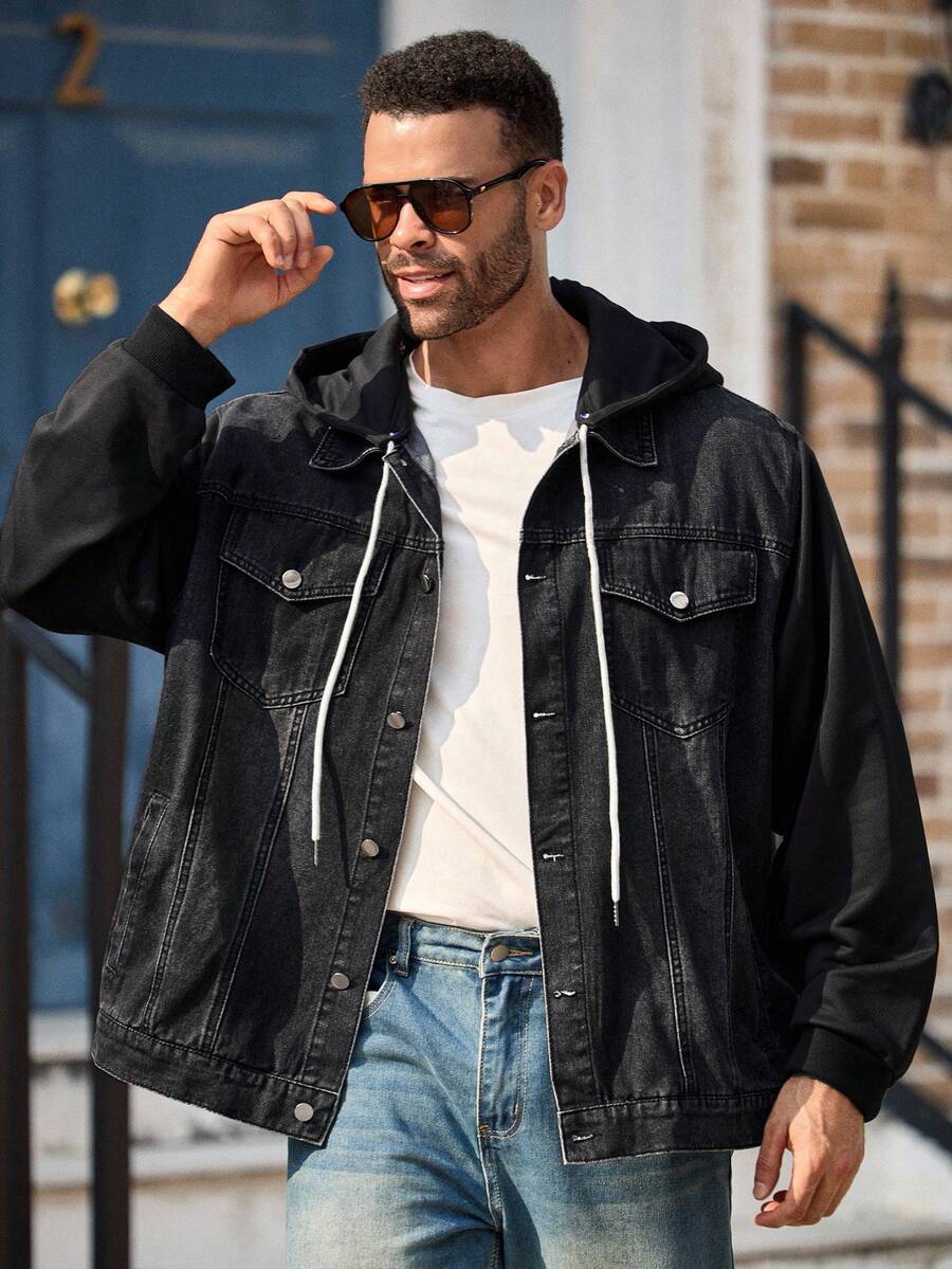EASEVO Plus Size Men's Hooded Long Sleeve Denim Jacket, Casual Vintage Outerwear - Black - View 1