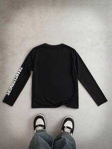 Transformers X SHEIN Tween Boy Casual Cool Letter & Robot Graphic Round Neck Raglan Long Sleeve Loose T-Shirt, Spring/Autumn - Black - View 2