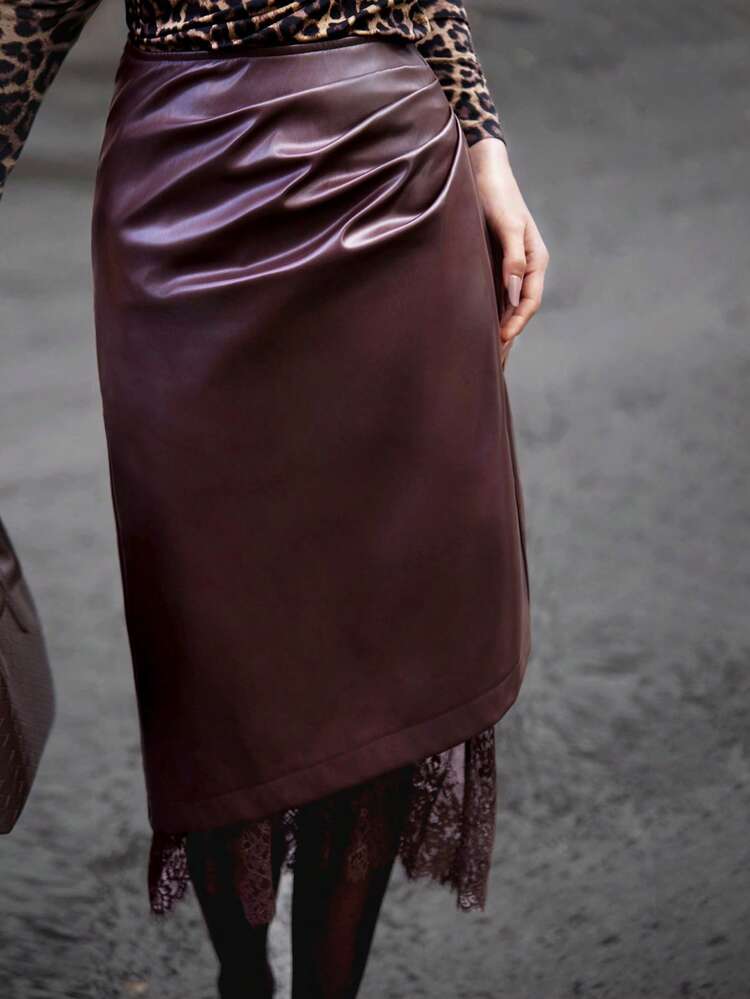 2026SS Spring/Summer Apparel, Deep Burgundy Lace Fabric, Asymmetrical Lace PU Skirt, Elegant & Sophisticated Urban Casual Business Attire, Low-Key Refined Vibe, Airport/Cruise Wear, Versatile Layering Piece, Party & Christmas
