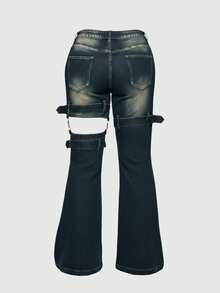 ROMWE Grunge Punk Plus Size Vintage Washed Hollow Out Sexy Flare Jeans - Blue - View 2