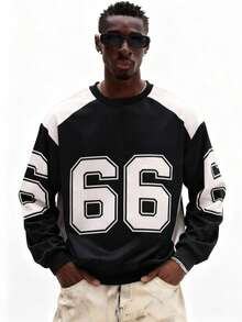 SUMWON 男士圆领数字印花套头卫衣，撞色拼接设计，休闲百搭 - 彩色 - 查看 1