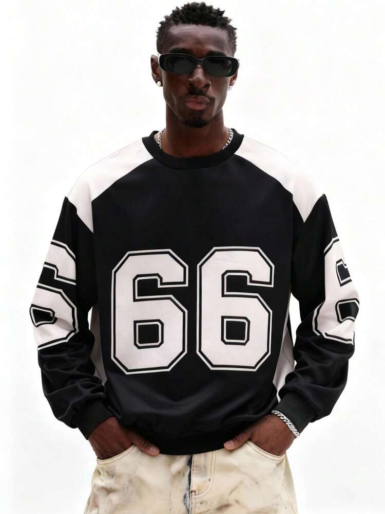 Crew Neck Number Print Pullover Sweatshirt