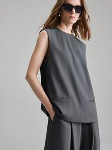 Ontre 2026SS 女士无袖宽松灰色衬衫，简约商务休闲风，适合独立日、教师节、通勤、度假、办公室穿着、节日、派对等场合，百搭女式衬衫 - 灰色 - 查看 3