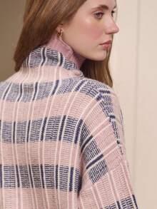 lacRébo Suéter de punto oversize de cuello alto a rayas en rosa y azul marino, ropa de invierno para mujer, atuendos de salida de invierno, atuendos de oficina elegantes, jersey rosa - Multicolor - Ver 6