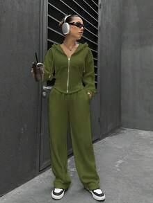 Flirla 女士休闲长袖上衣和裤子两件套 - 軍綠色 - 查看 3