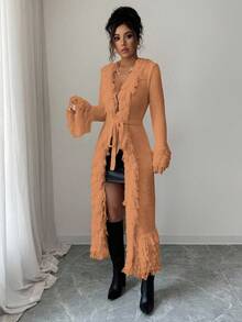 Rafferiza 女士时尚长袖开衫，领口、袖口和腰带处均饰有流苏，适合秋冬季穿着。 - 駝色 - 查看 4