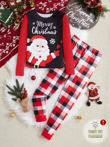 Boys' Christmas Santa Claus & Plaid Pattern Snug Fit Raglan Sleeve Pajama Set - Red - View 3