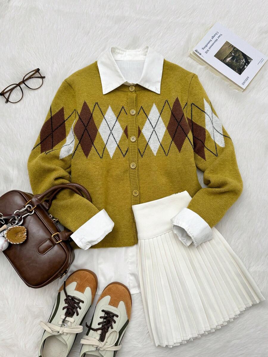 SHEIN Unity Áo khoác cardigan dệt kim cổ tròn, cài cúc đơn, họa tiết hình thoi màu xanh lá cây lấy cảm hứng từ rau củ muối chua, mẫu mới Xuân/Hè 2026, thích hợp mặc đi làm và dạo phố. - xanh quân đội - Xem 1