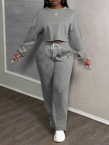 Slaydiva 秋冬大码休闲纯色上衣和裤子两件套 - 灰色 - 查看 4