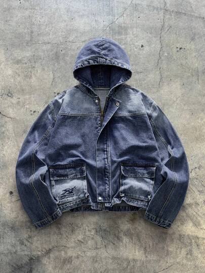 AXEPEAK Men's Washed Hooded Jacket, High-End Lapel Stylish Bomber Coat