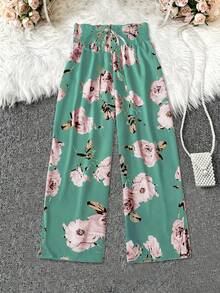 SHEIN PETITE Pantaloni de damă cu imprimeu floral și șnur talie înaltă, mărime standard