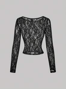 SHEIN MOD 两件套薄纱蕾丝长袖T恤，黑白两色