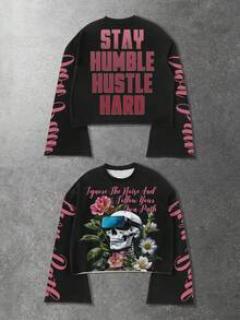 ROMWE MEN Street Life Men's Casual Floral Letter & Skull Print Round Neck Flare Sleeve T-Shirt, Autumn - Multicolor - View 2