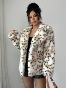 Rafferiza Modern vit leopardmönstrad kappa med fuskpälskrage för kvinnor, höst/vinter - Vitt - Visa 6
