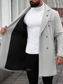 Manfinity CasualCool Sobretudo masculino de cor sólida com bolsos e fechamento frontal por botões, mangas compridas, ideal para o outono/inverno, perfeito para presentear amigos, marido ou namorado. - Cinza - Ver 6