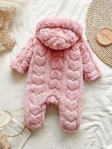 SHEIN Vintaside Kids Newborn Simple Stylish Cute Polka Dot Long Sleeve Hooded Fleece Jumpsuit Loungewear - Pink - View 2