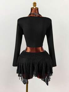 Amplova Vintage Black Autumn Goth 2-Piece Set,Square Collar Lace Semi-Sheer Mushroom Button Long Sleeve Top & Asymmetrical Double Layer Skirt Night Out Club - Black - View 2