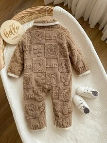 SHEIN Baby Girl Cute Furry Patchwork Cartoon Pattern Turndown Collar Jumpsuit, Autumn/Winter - Multicolor - View 3