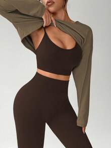 Dewbera 3 Stücke Damen Set: Locker geschnittenes Crop T-Shirt mit Drop Shoulder und Langarm, nahtloser Wireless-BH und Hohe Taille Leggings Sportoutfit - Braun - Übersicht 5