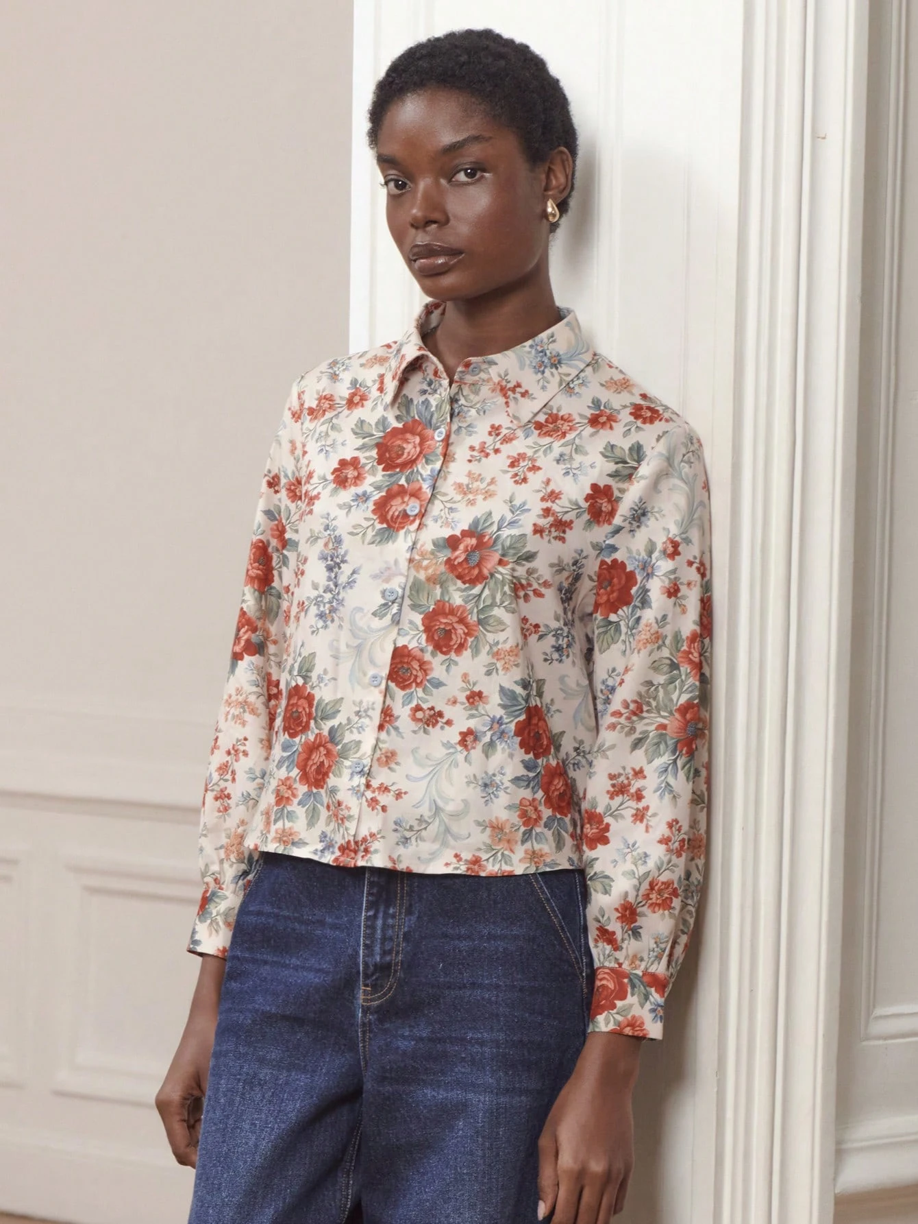 Vintage Floral Satin Long Sleeve Shirt With Classic Collar And Button-Up Front Business Casual Top Spring Summer New Year Going Out