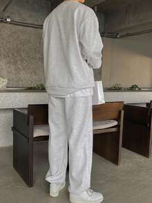 DAZY Men's Thickened Letter Embroidered Crew Neck Pullover Sweatshirt Set, Autumn/Winter - Grey - View 2