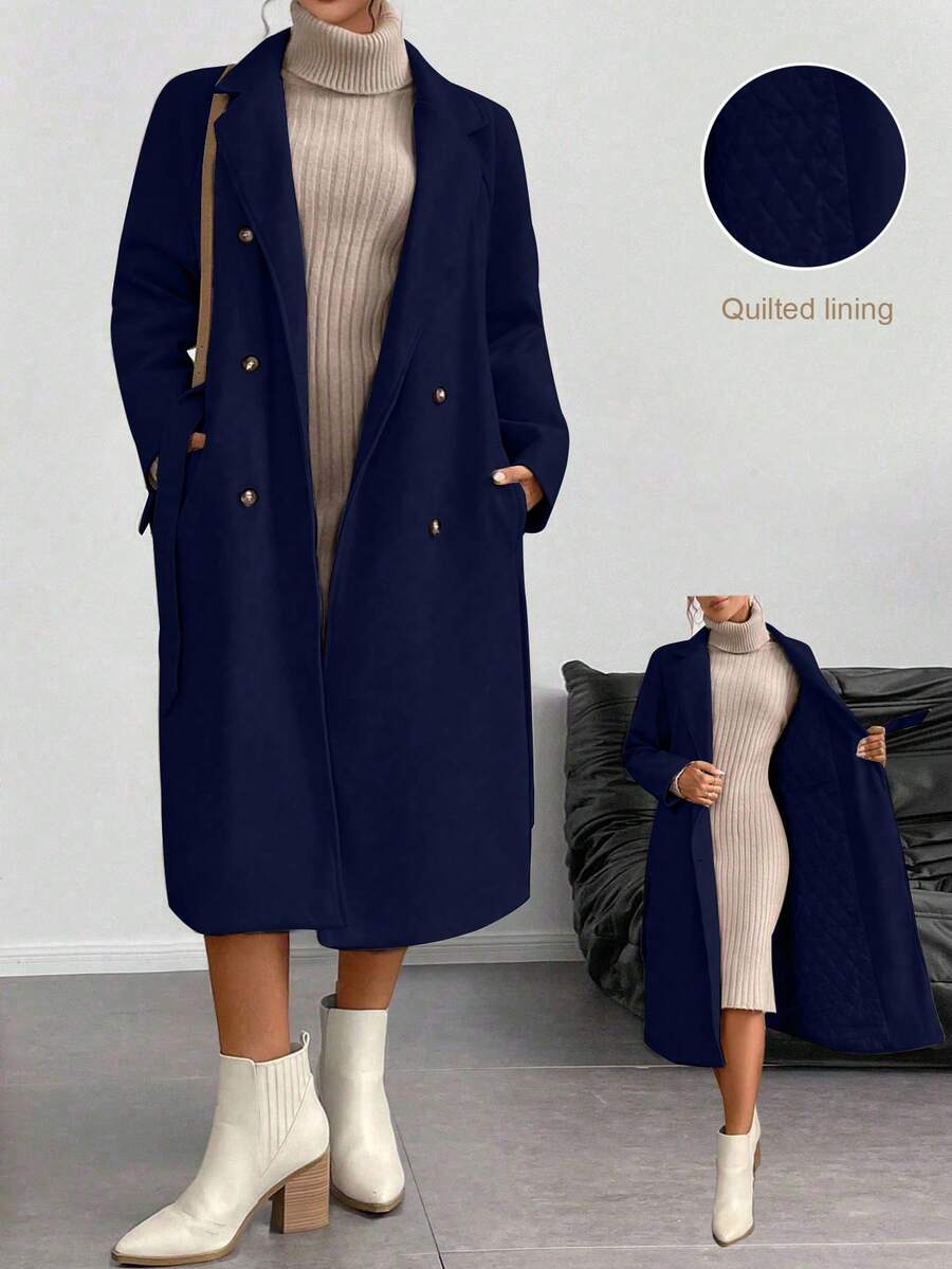 SHEIN LUNE 大码女式翻领长袖双排扣绗缝加衬里长款羊毛大衣,秋冬款 - 藏蓝色 - 查看 1