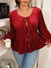 Lounesse قميص عيد الميلاد للنساء ذوات الحجم الكبير مع تصميم فيونكة، متعدد الاستخدامات للارتداء اليومي والأعياد - الأحمر - مشاهدة 4