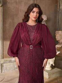 Aureia Plus Size Formal Elegant Evening Burgundy Spring Sequin Embroidered Satin Lantern Sleeve Waist Belt Mermaid Hem Trailing Gown For Party,Prom,Wedding - Burgundy - View 3