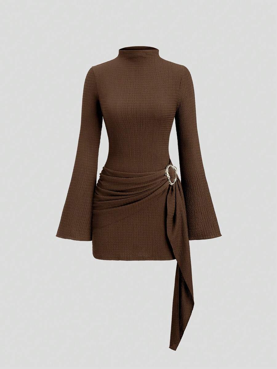 Sweetra Waist-Cinched Minimalist Flare Sleeve Bodycon Cinched Waist Dress - Brown - View 1