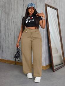 SHEIN SXY Quần jean thời trang thường ngày không co giãn phong cách cao bồi cỡ lớn cá tính, Thánh Patrick - Màu Khaki - Xem 1